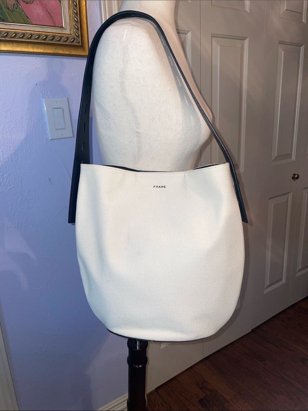 Frame Denim Cream Canvas Shoulder Bag with Black Strap Detail